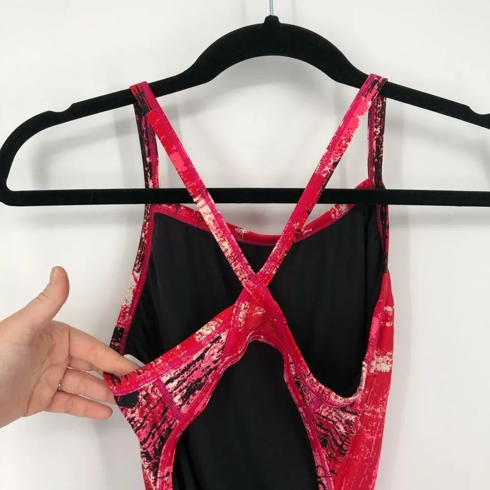 Speedo One Piece‎ Swim Suit Womens 8 Red Artsy Abstract Powerflex Eco Splatter